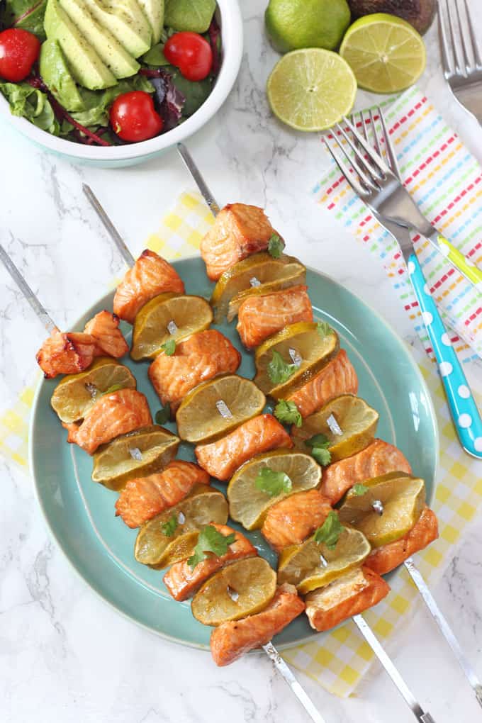 Delicious BBQ Salmon Skewers with Flora Dairy Free Avocado & Lime