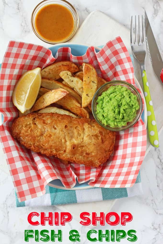 Chip Shop style fish and chips made easy with Young's Chip Shop Cod Fillets, homemade chips, minted mushy peas and curry sauce!