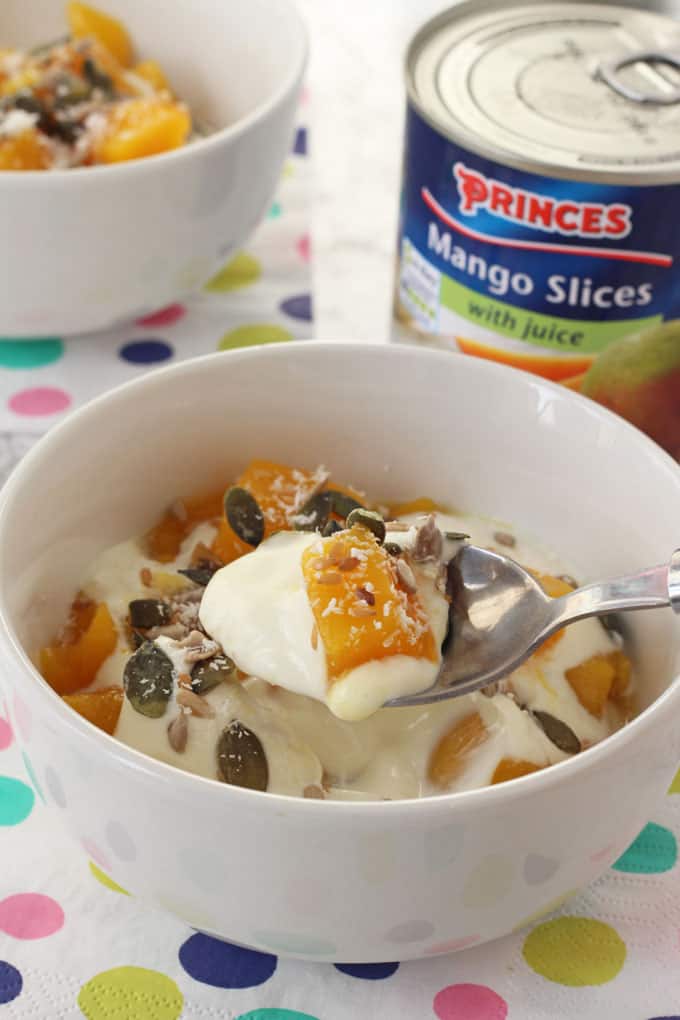 Princes Mango with Juice served with yogurt, seeds and coconut