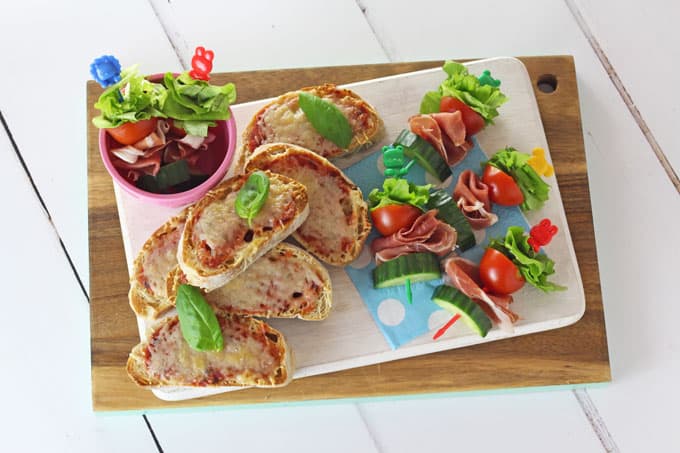 Fun Salad Skewers made with Prosciutto di San Daniele and delicious Grana Padano Cheese Toasties, the perfect lunch for kids and great for play dates!