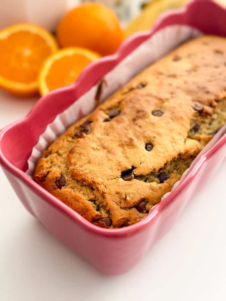 A close up overhead shot of the baked Easy Chocolate Orange Banana Bread in the loaf tin.