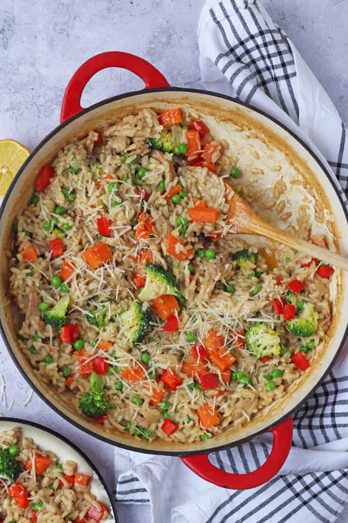 A delicious and easy risotto made with leftover roast chicken and vegetables. This recipe even uses the chicken carcass to make a very tasty stock!