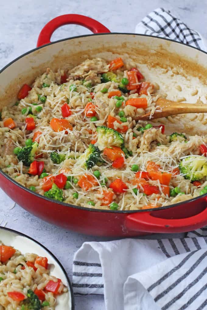 A delicious and easy risotto made with leftover roast chicken and vegetables. This recipe even uses the chicken carcass to make a very tasty stock!