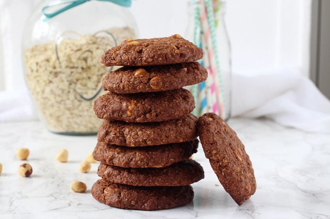 Delicious and filling triple chocolate cookies made with oats and wholemeal flour. The perfect afternoon snack for hungry kids and grown ups too!