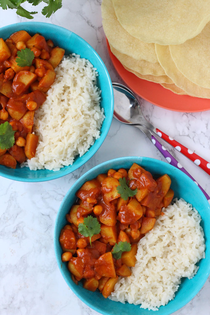 Potato & Chickpea Curry served with rice and poppadoms