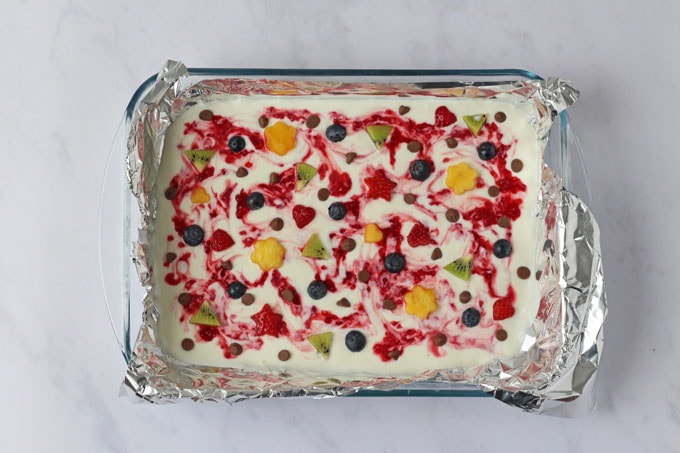 Yogurt bark with toppings ready to go in the freezer