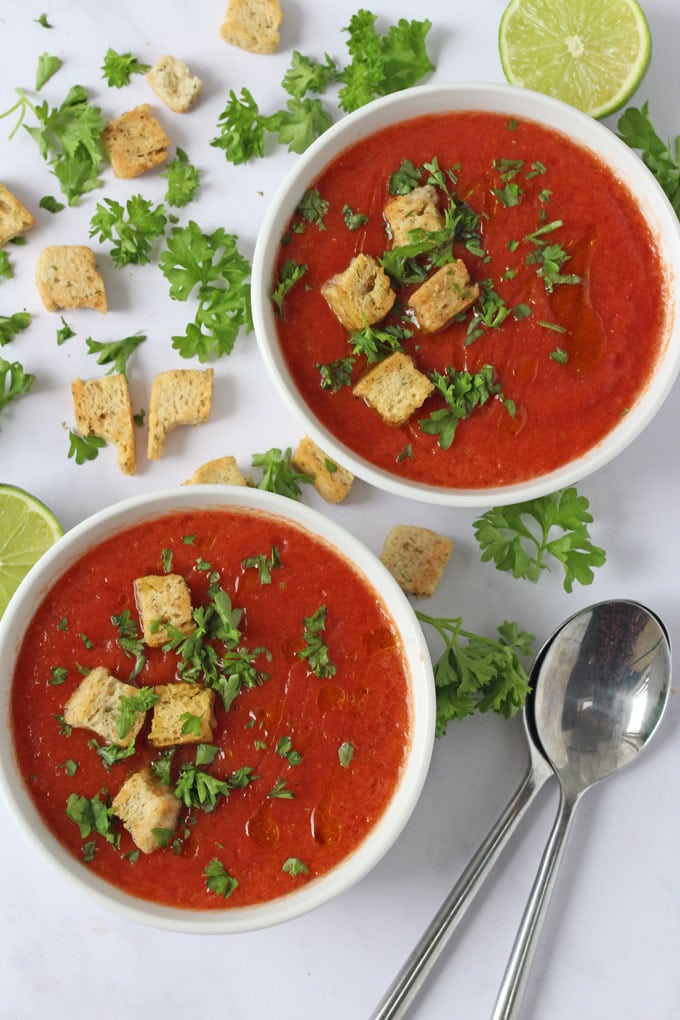 Bright red gazpacho soup