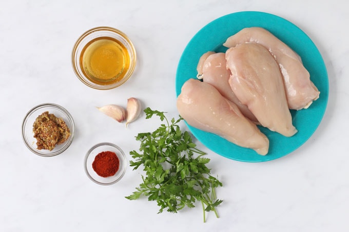 Flatlay of ingredients needed for honey mustard chicken
