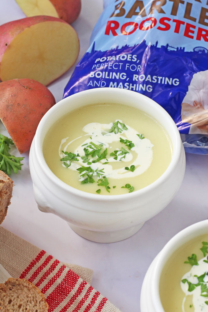 White bowl filled with Cream of Potato Soup