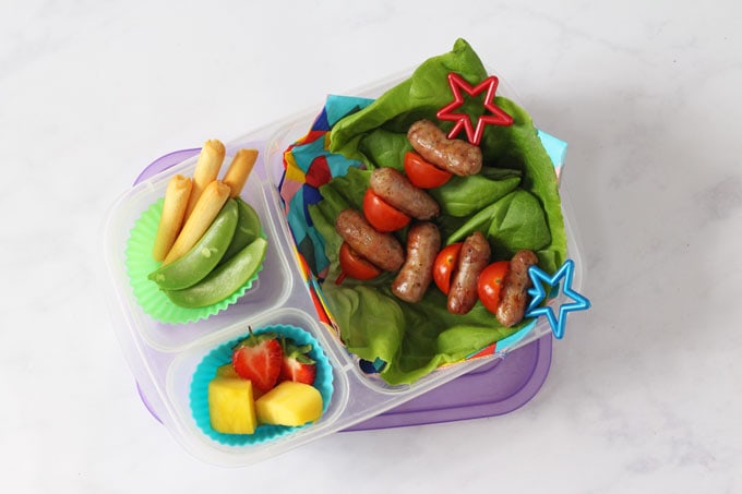 Sausage & Tomato Skewers in a lunch box