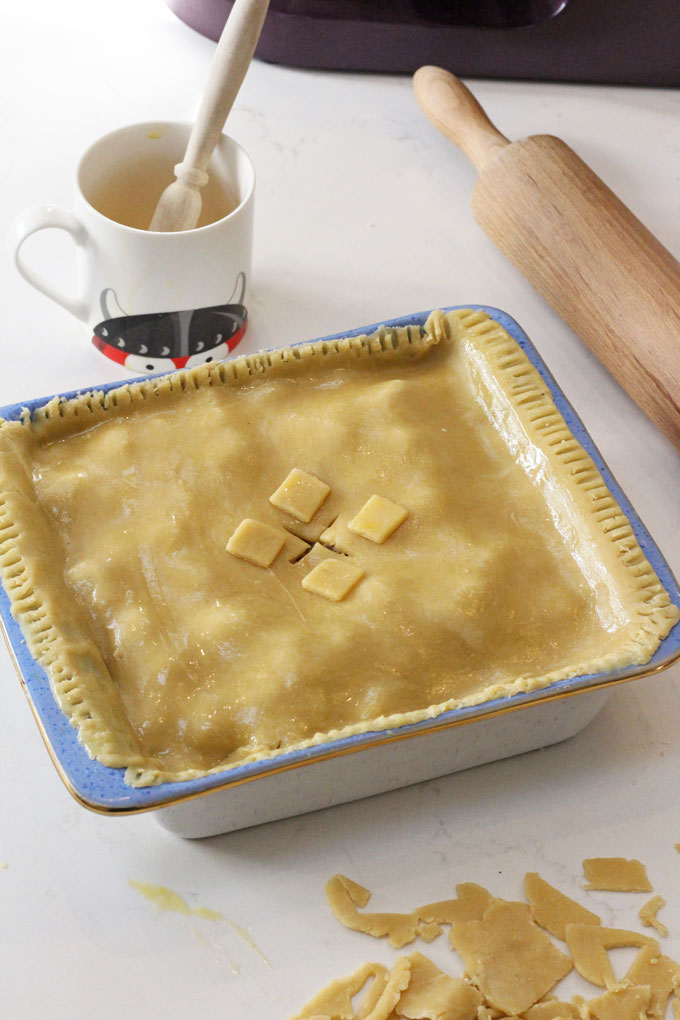 Beef & Vegetable Pie ready to go in the oven 