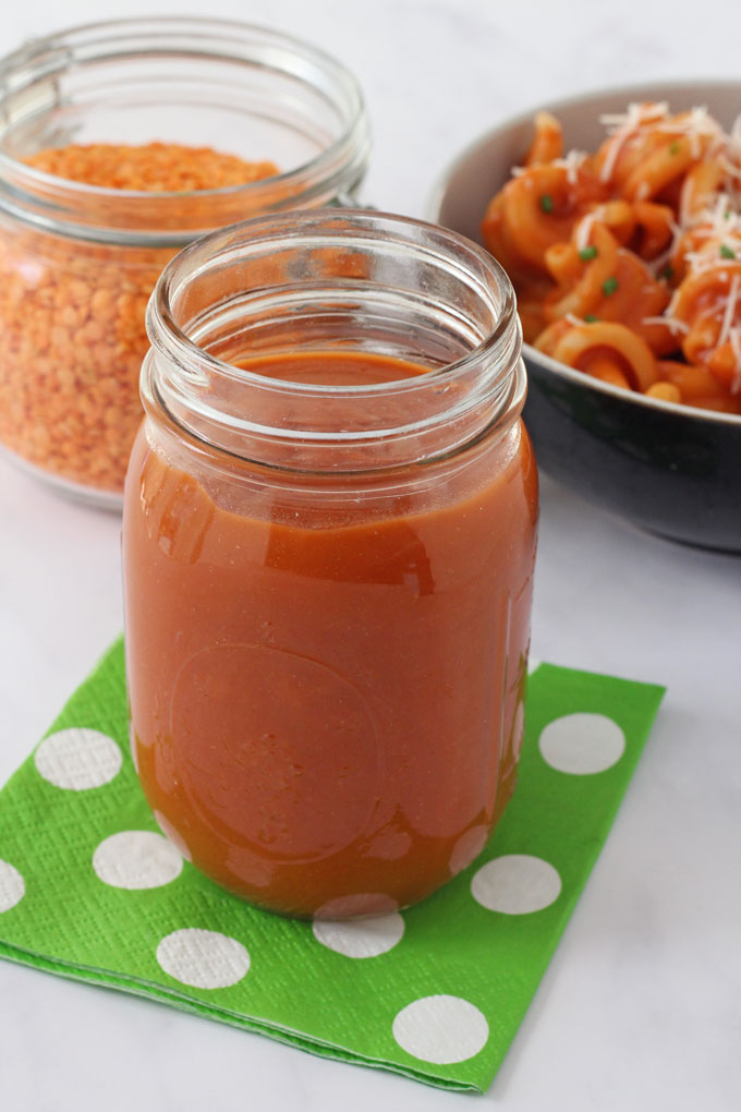 Jar of red lentil pasta sauce