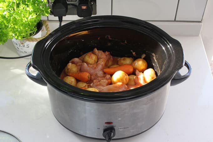 Chicken Casserole ingredients in a slow cooker