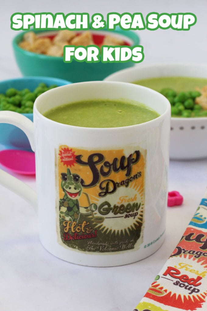 Spinach and Pea Soup For Kids served in a Soup Dragons Mug with a bowl of croutons in the background