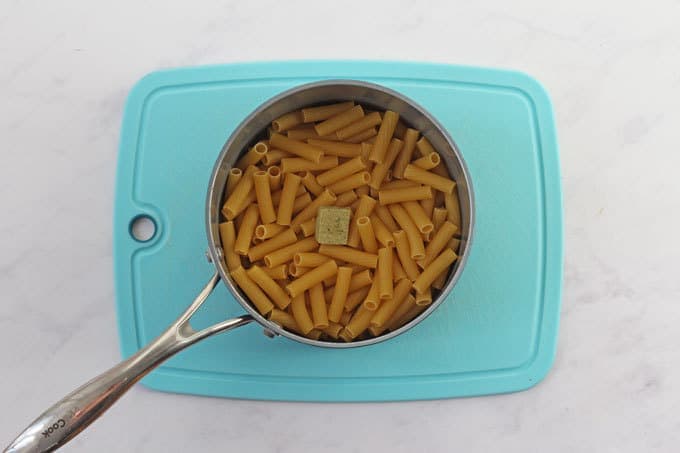 Pasta and Stock Cube in a saucepan