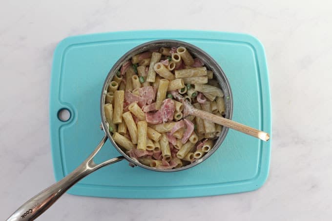 Cream Ham & Pea Pasta in a saucepan