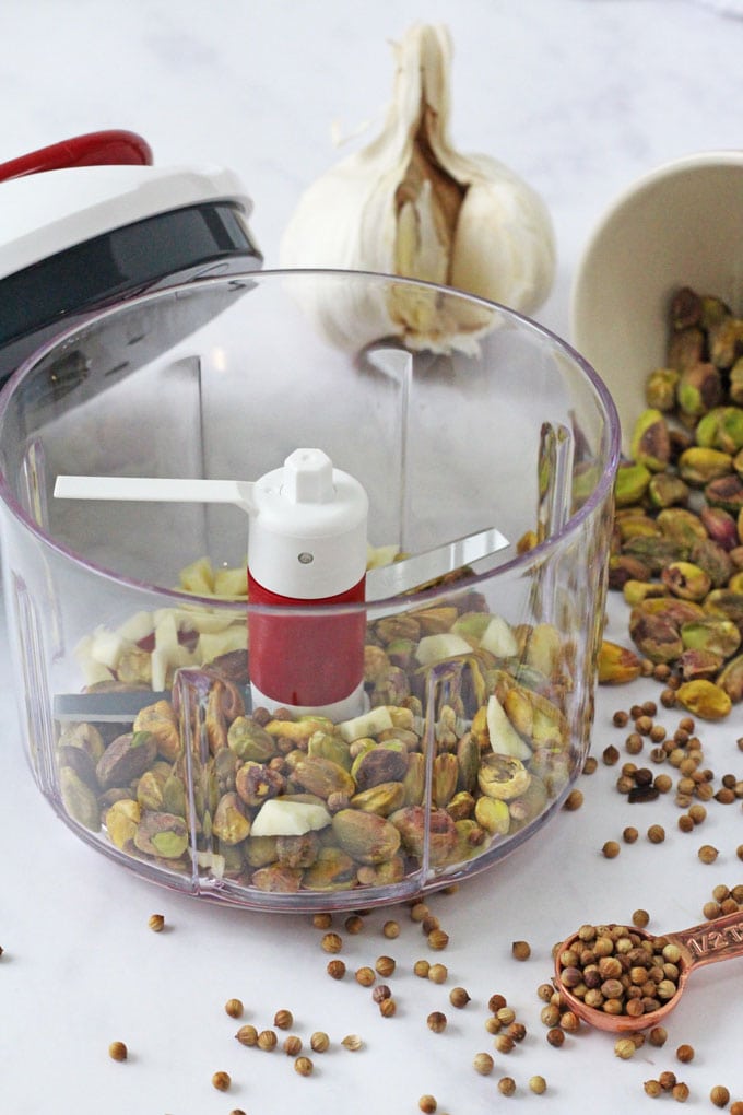 pistachios, garlic and coriander seeds in the mini food processor
