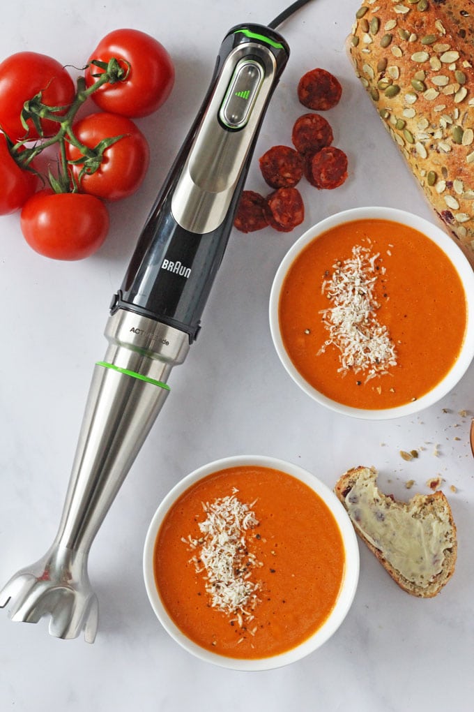 tomato & chorizo soup with blender