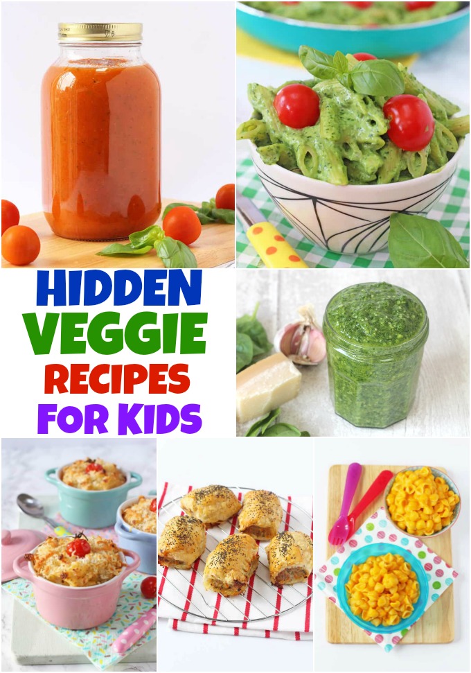 Hidden Veggie Recipes For Kids collage showing recipes that you will find in the roundup by following the link above.