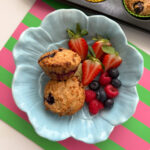 Two muffins in a baby blue,flower shaped bowl, served with fresh berries.