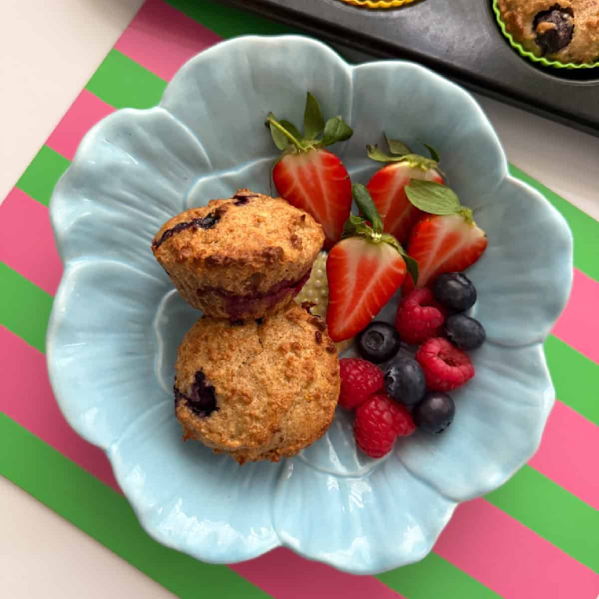 Two muffins in a baby blue,flower shaped bowl, served with fresh berries.