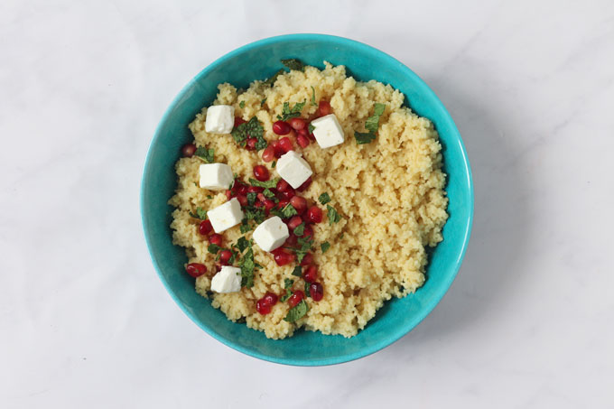 couscous with feta, pomegranate seeds and chopped mint.