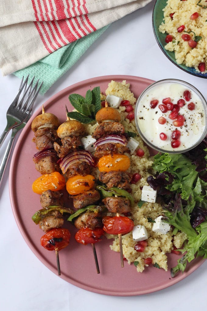 Herby Lamb & Vegetable Kebabs with Feta & Pomegranate Cous Cous