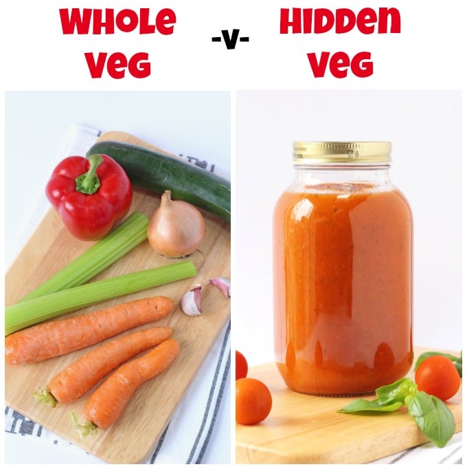 vegetables in whole form and a jar of hidden vegetable sauce