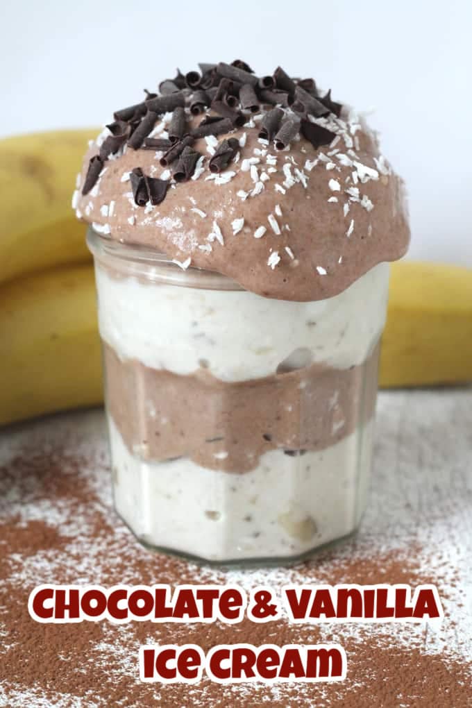 Chocolate & Vanilla Nana Ice Cream layered and served in a glass jar, topped with chocolate curls and a sprinkling of desiccated coconut.