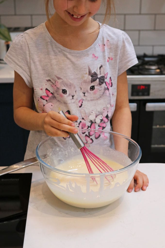 Kids making pancake batter