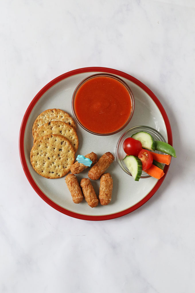 Hidden Veggie Tomato Sauce served with cocktail sausages, crackers and freshly chopped veggies.