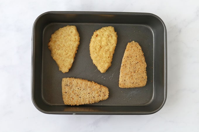 vegan fishless fillets in roasting tray