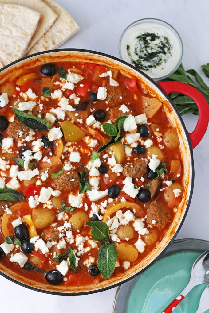 One Pot Greek Lamb Meatballs served with feta topping