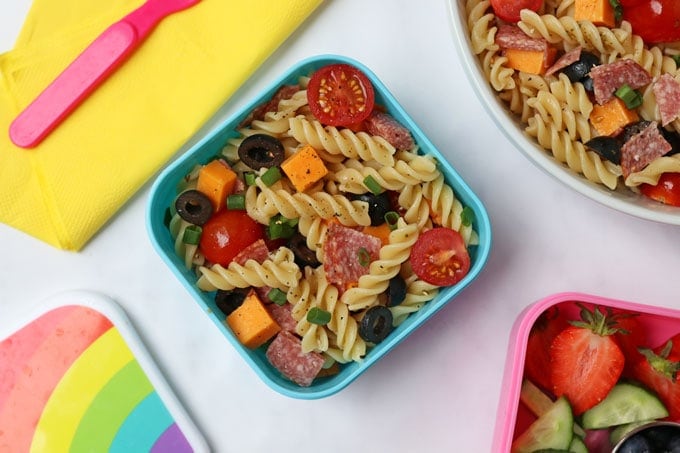 Pizza Pasta Salad packed in a colourful airtight container