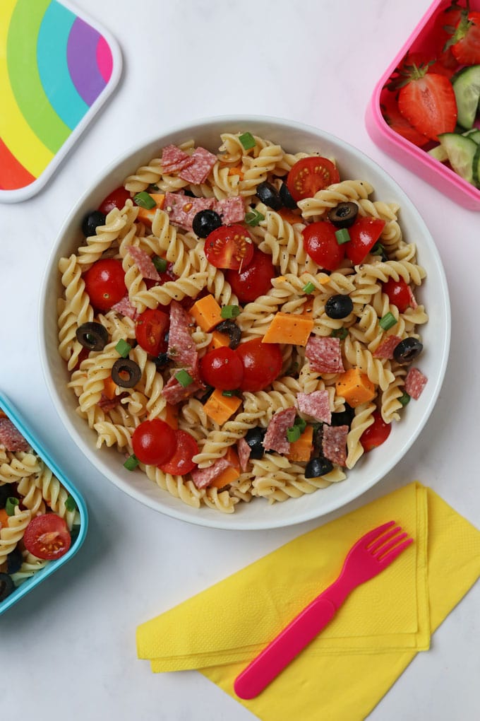 Pizza Pasta Salad in a large white bowl