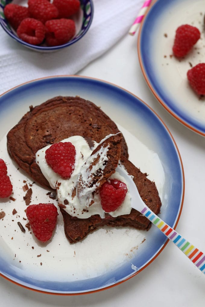 Healthy Chocoalte Pancake Recipe with yogurt and raspberries