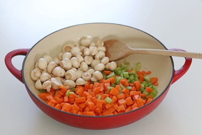 mushrooms, carrot, garlic & celery in pan