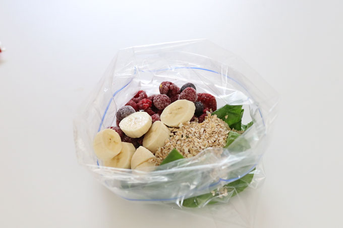 Make Ahead Smoothie Bag in a clear zip lock freezer bag