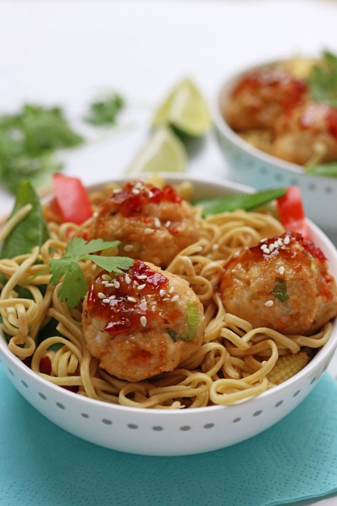 Thai Chicken Meatballs with noodles and vegetables