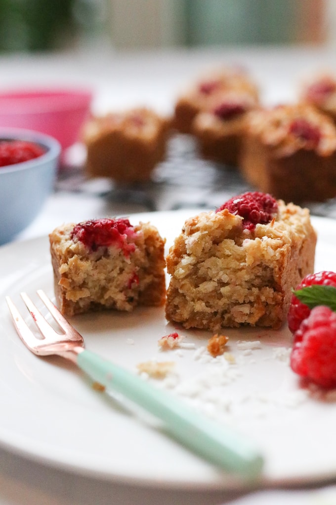 Raspberry Coconut Loaf on a plate with a fork