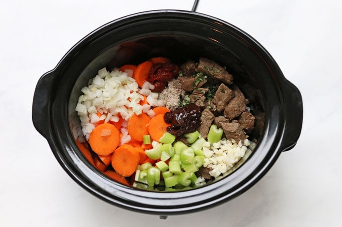 slow cooker beef casserole ingredients in the slow cooker