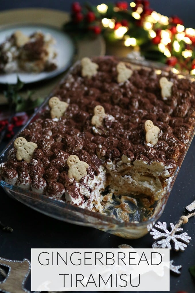 Gingerbread Tiramisu served in a glass oven proof dish and decorated with mini gingerbread people.