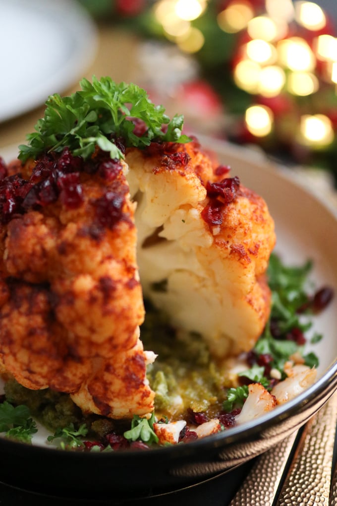 whole roasted cauliflower with hazelnut pesto