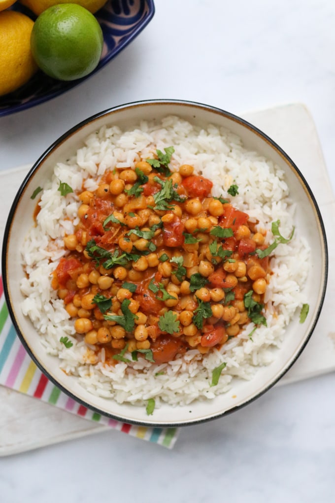 10 Minute Chickpea Curry in a bowl with rice