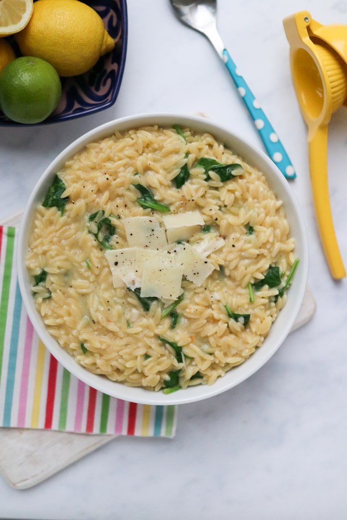 One Pot Spinach & Parmesan Orzo in a bowl