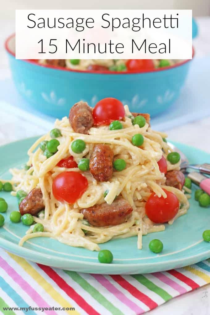 Sausage & Tomato Spaghetti for Kids Pinterest Pin