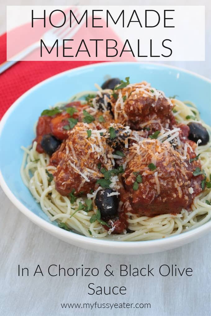Meatballs in Chorizo & Black Olive Sauce Pinterest Pin