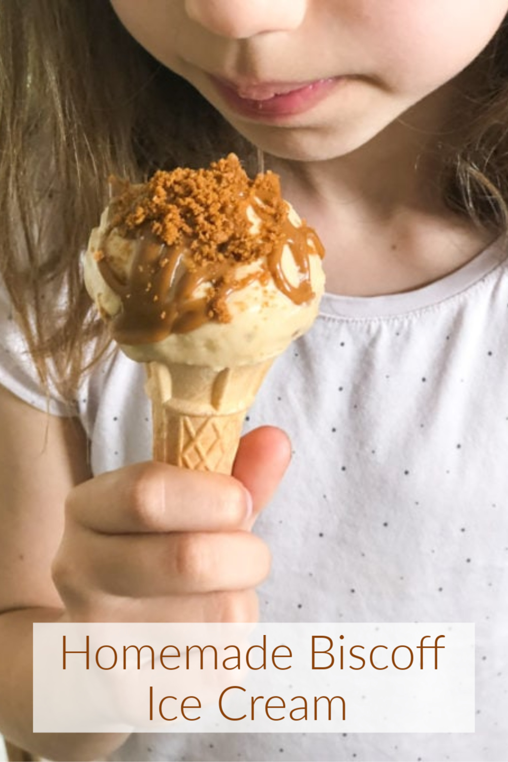 homemade biscoff ice cream in a cone