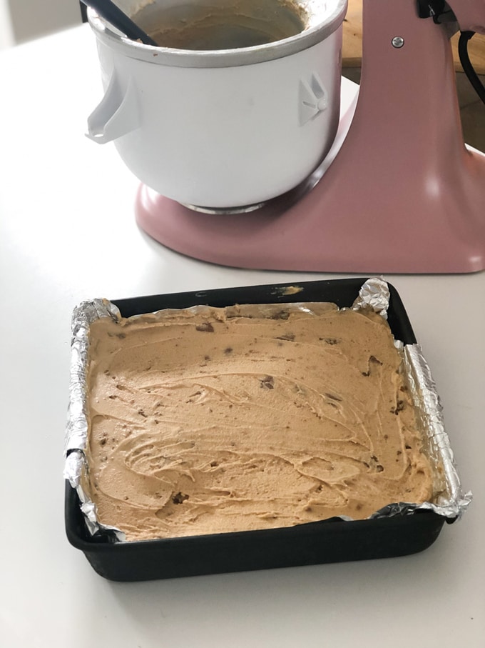 biscoff ice cream in a lined dish