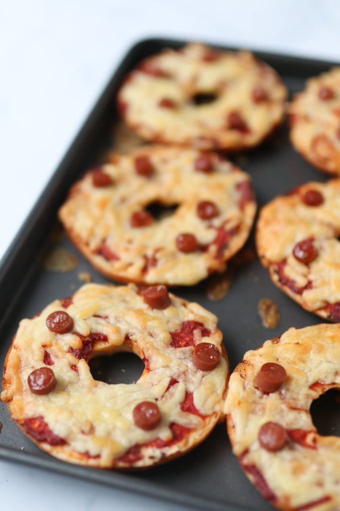 Cooked Pizza Bagels on a tray